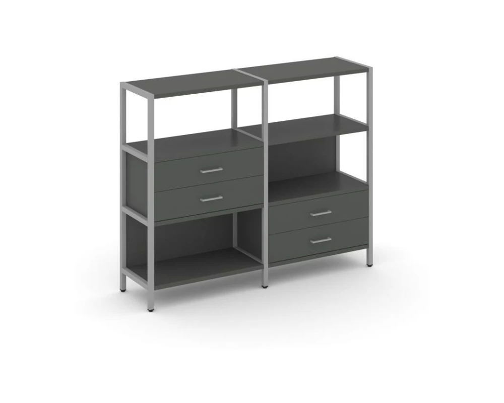 Двухсекционный стеллаж трехярусный с ящиками на двух ярусах 1590х400х1246 Шелф Систем / Shelf System