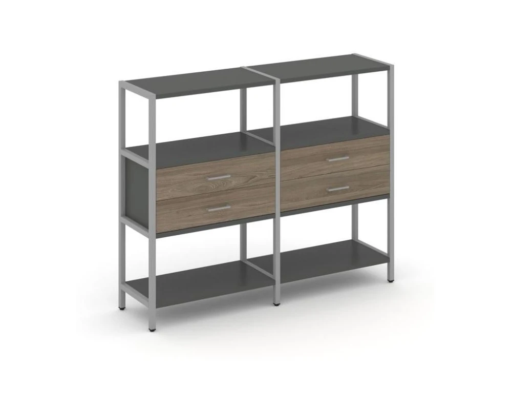 Двухсекционный стеллаж трехярусный с ящиками на одном ярусе 1590х400х1246 Шелф Систем / Shelf System