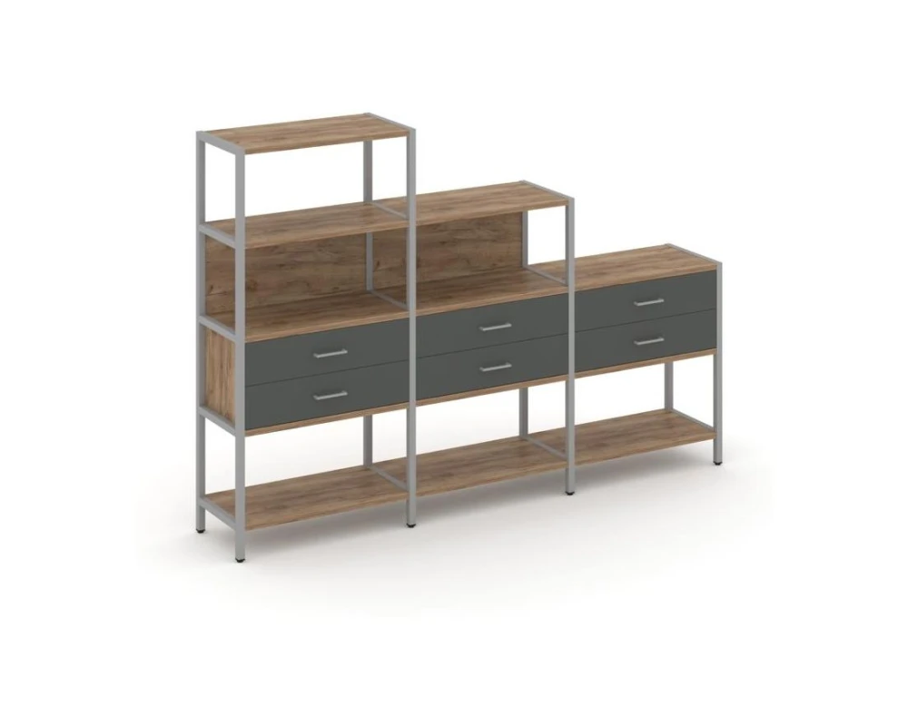 Трехсекционный стеллаж четырех/трех/двухярусный с ящиками 2730х400х1613 Шелф Систем / Shelf System