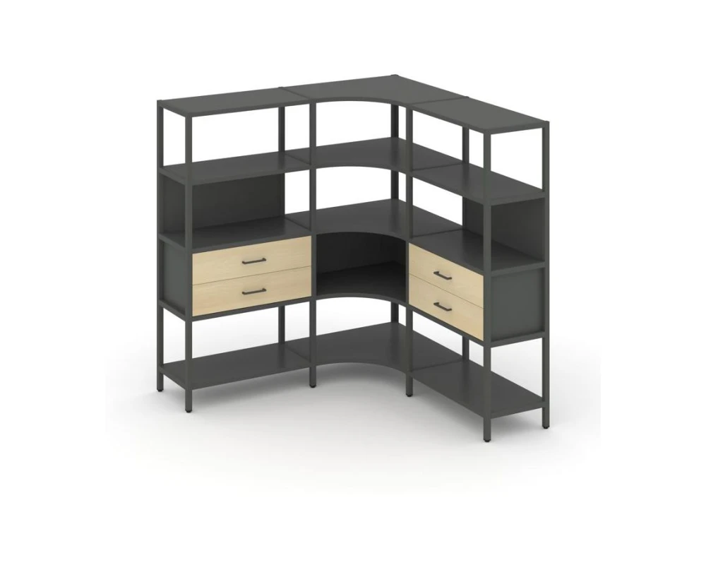 Трехсекционный угловой стеллаж четырехярусный с ящиками 1590х1590х1613 Шелф Систем / Shelf System