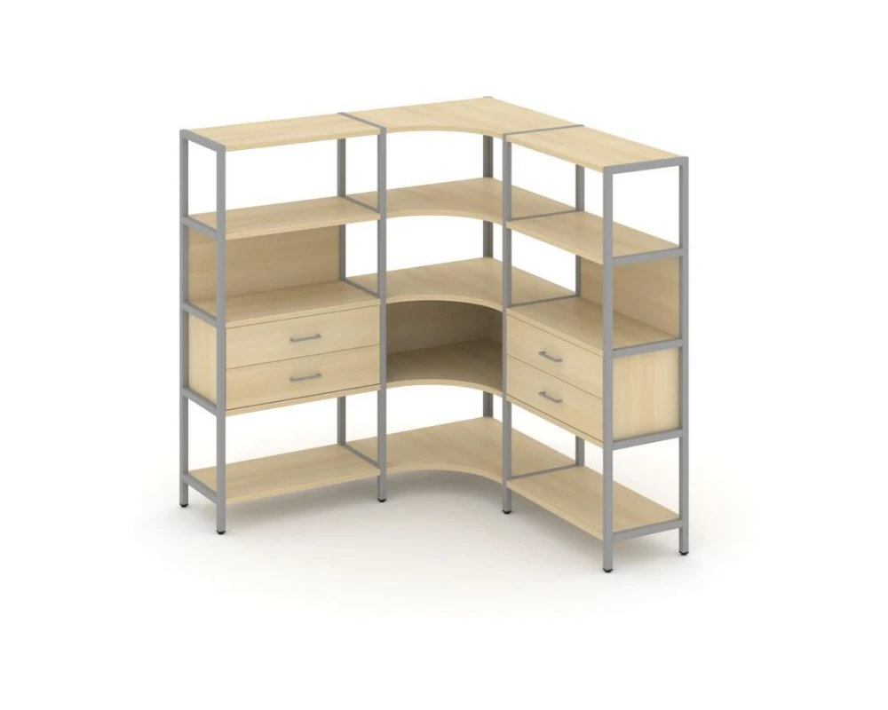 Трехсекционный угловой стеллаж четырехярусный с ящиками 1590х1590х1613 Шелф Систем / Shelf System