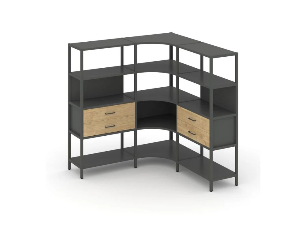 Трехсекционный угловой стеллаж четырехярусный с ящиками 1590х1590х1613 Шелф Систем / Shelf System