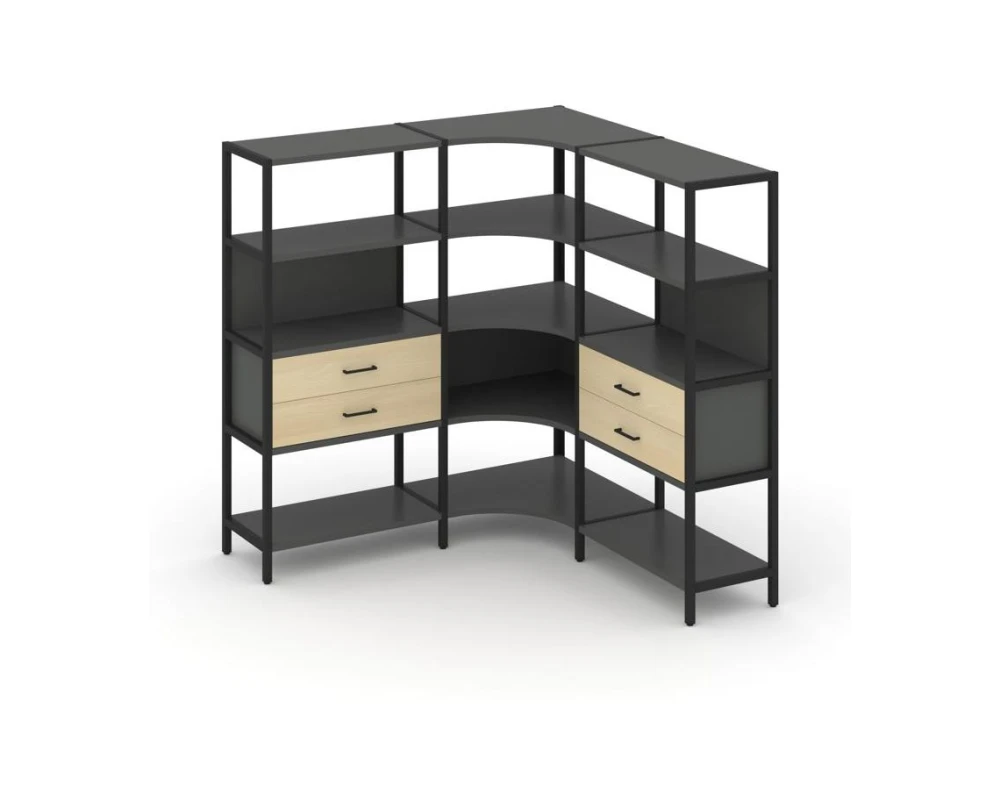 Трехсекционный угловой стеллаж четырехярусный с ящиками 1590х1590х1613 Шелф Систем / Shelf System