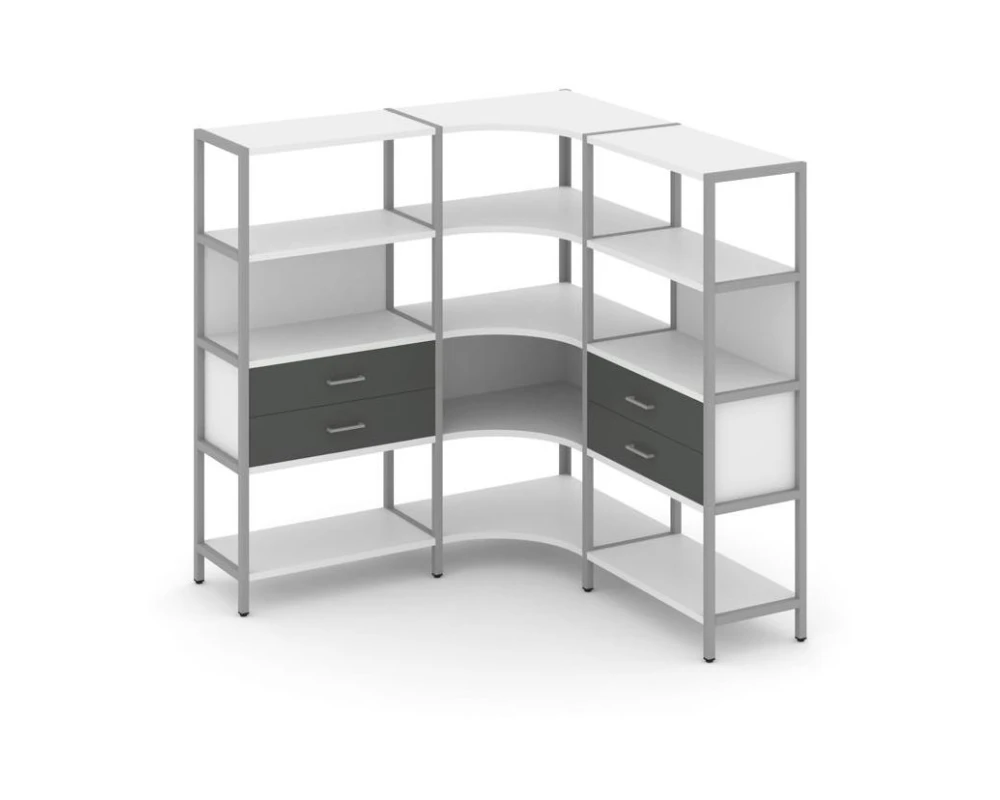 Трехсекционный угловой стеллаж четырехярусный с ящиками 1590х1590х1613 Шелф Систем / Shelf System