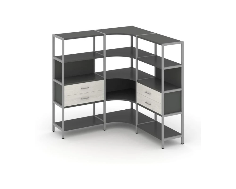 Трехсекционный угловой стеллаж четырехярусный с ящиками 1590х1590х1613 Шелф Систем / Shelf System