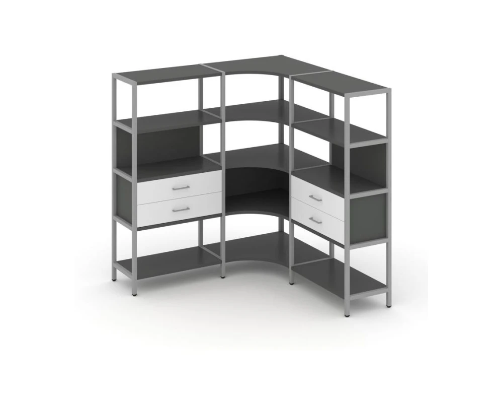 Трехсекционный угловой стеллаж четырехярусный с ящиками 1590х1590х1613 Шелф Систем / Shelf System
