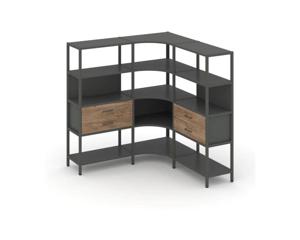 Трехсекционный угловой стеллаж четырехярусный с ящиками 1590х1590х1613 Шелф Систем / Shelf System