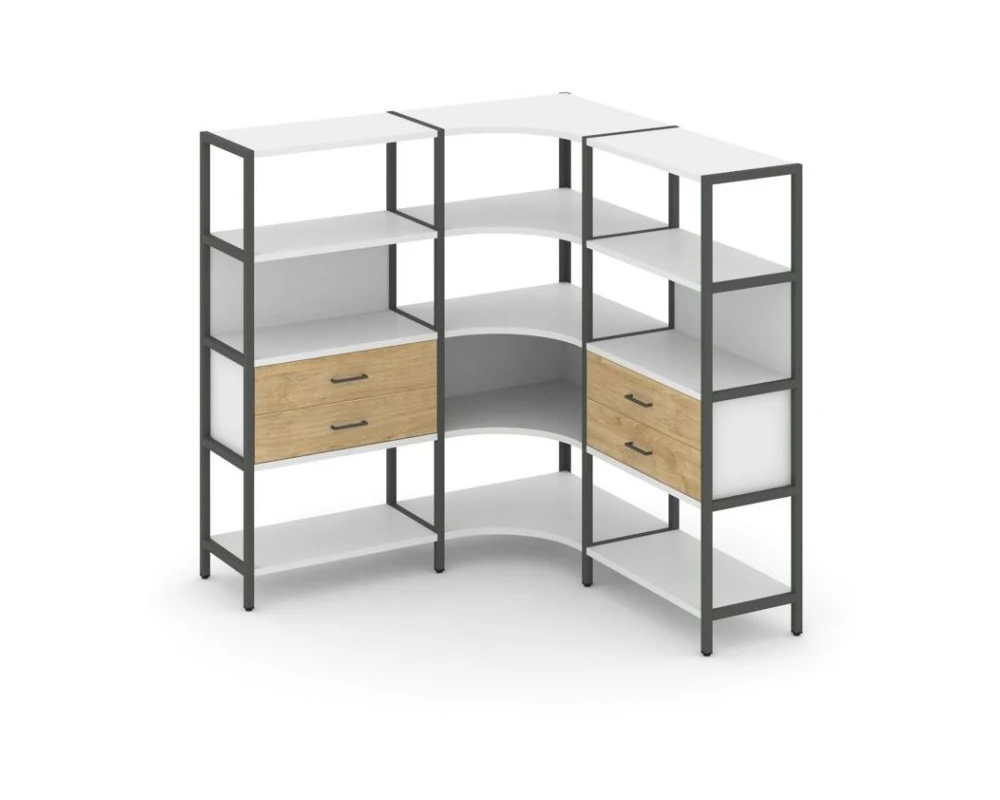 Трехсекционный угловой стеллаж четырехярусный с ящиками 1590х1590х1613 Шелф Систем / Shelf System