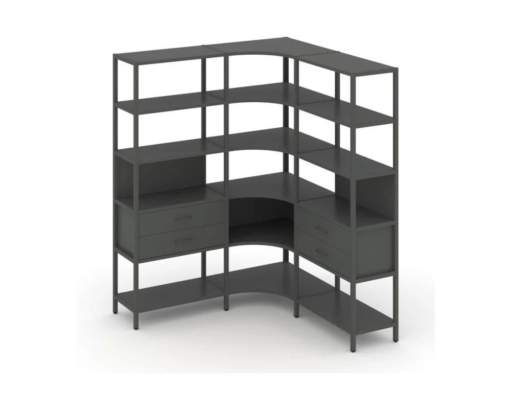 Трехсекционный угловой стеллаж пятиярусный с ящиками 1590х1590х1980 Шелф Систем / Shelf System