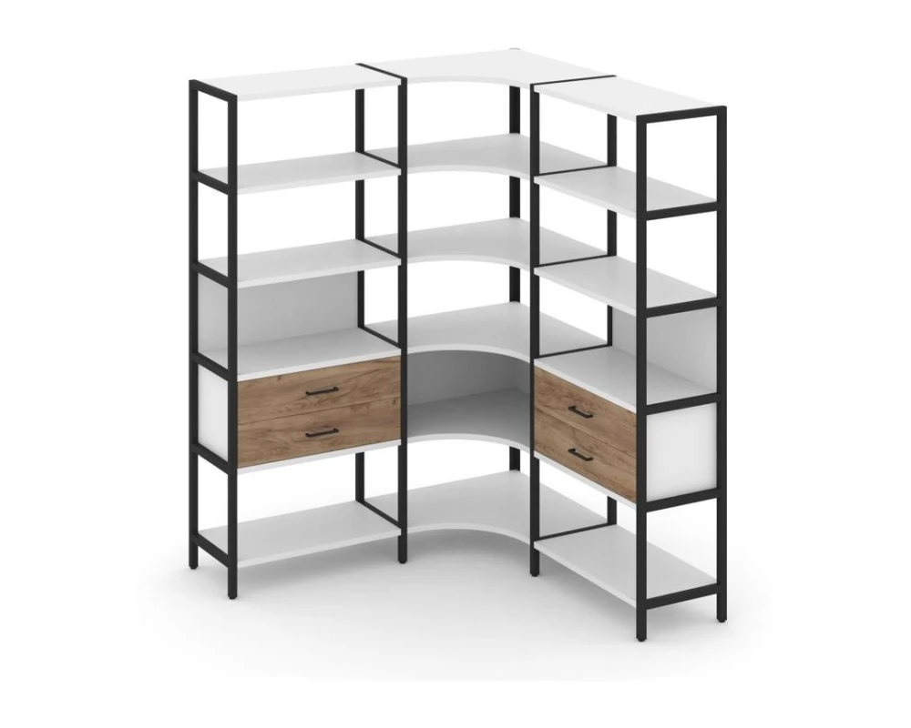 Трехсекционный угловой стеллаж пятиярусный с ящиками 1590х1590х1980 Шелф Систем / Shelf System