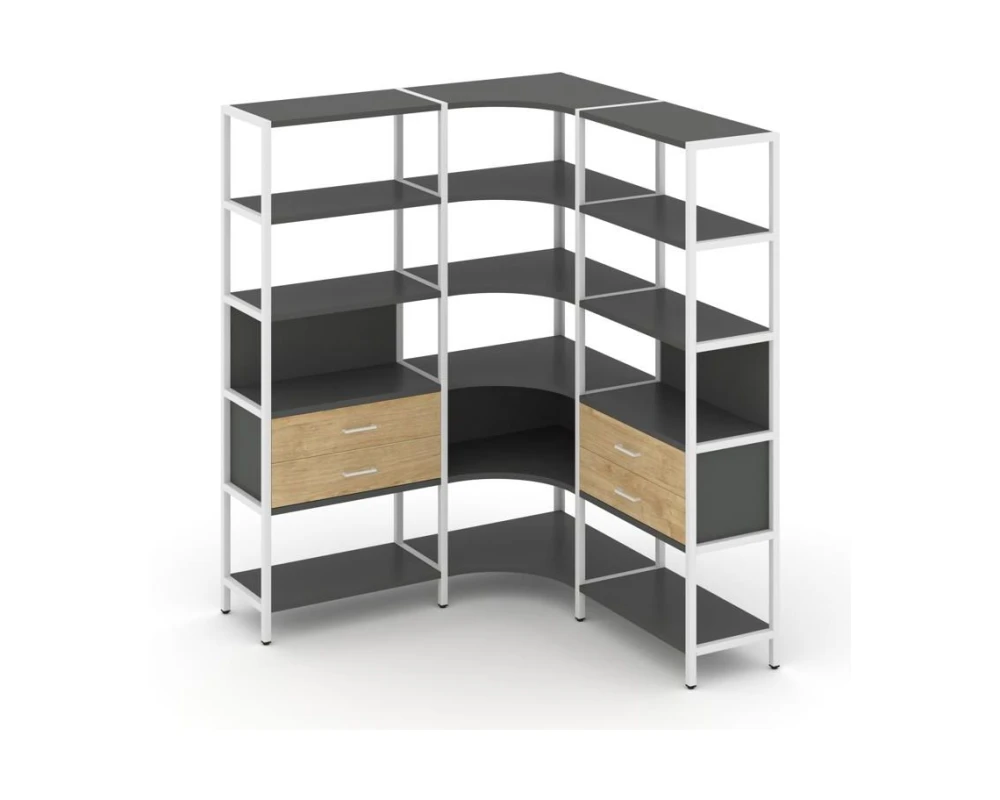 Трехсекционный угловой стеллаж пятиярусный с ящиками 1590х1590х1980 Шелф Систем / Shelf System
