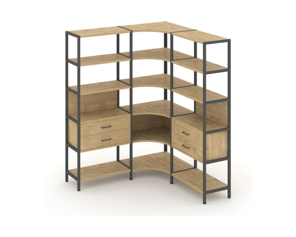 Трехсекционный угловой стеллаж пятиярусный с ящиками 1590х1590х1980 Шелф Систем / Shelf System