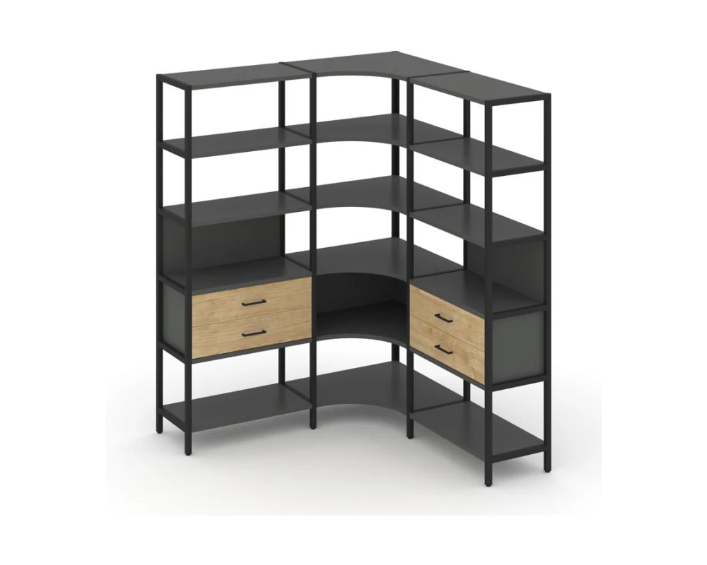 Трехсекционный угловой стеллаж пятиярусный с ящиками 1590х1590х1980 Шелф Систем / Shelf System