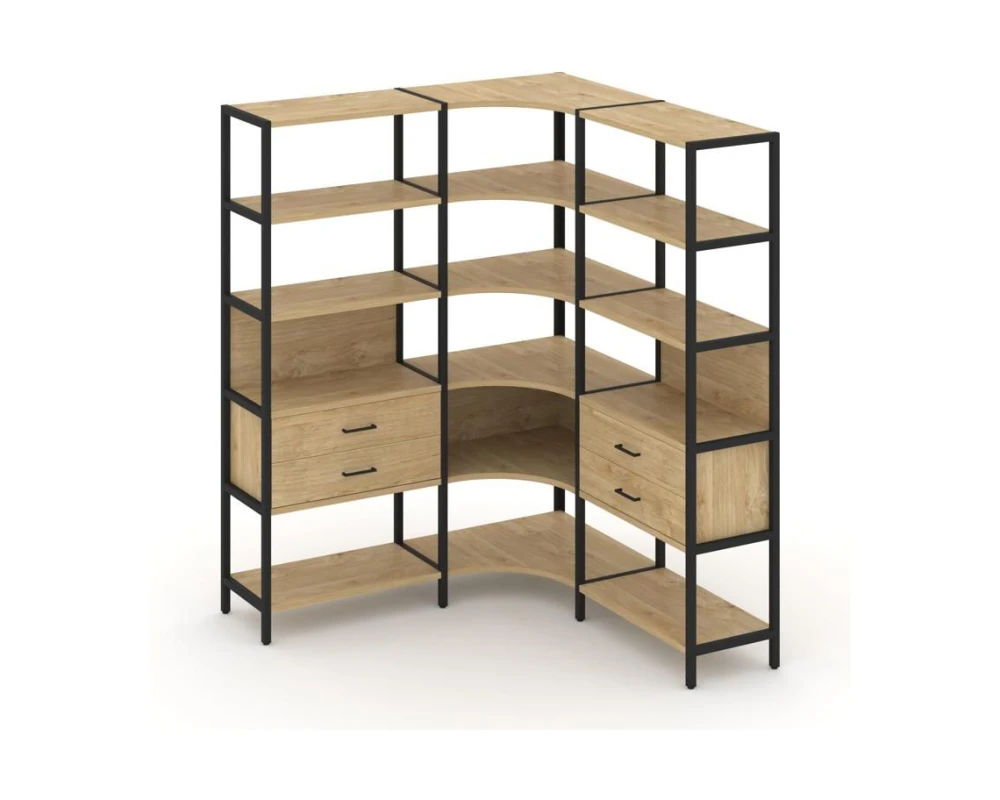 Трехсекционный угловой стеллаж пятиярусный с ящиками 1590х1590х1980 Шелф Систем / Shelf System