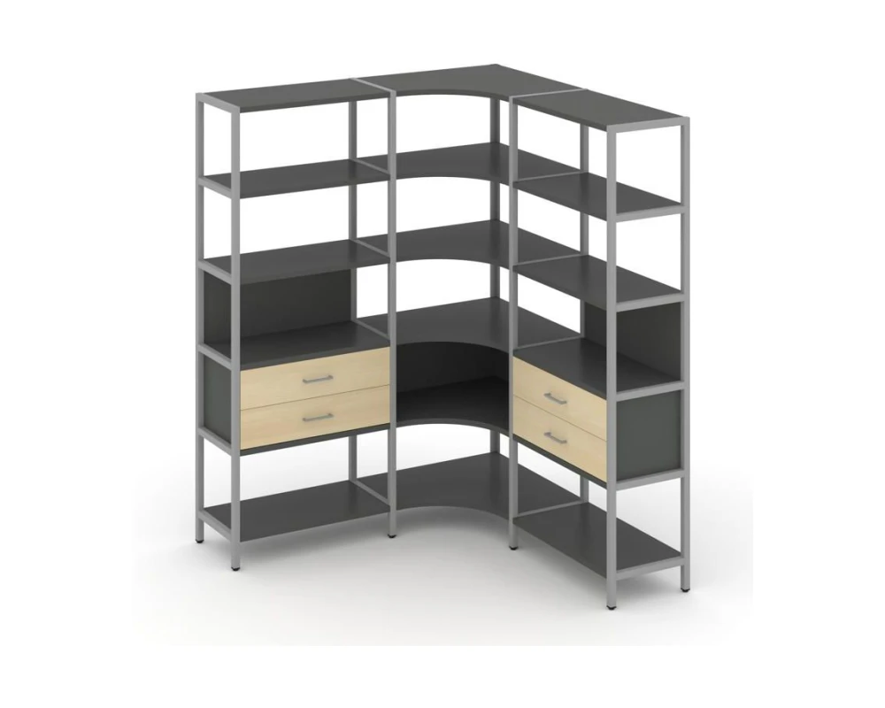 Трехсекционный угловой стеллаж пятиярусный с ящиками 1590х1590х1980 Шелф Систем / Shelf System