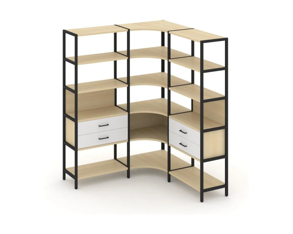 Трехсекционный угловой стеллаж пятиярусный с ящиками 1590х1590х1980 Шелф Систем / Shelf System
