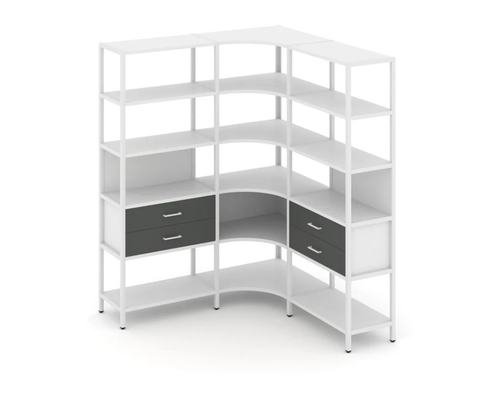 Трехсекционный угловой стеллаж пятиярусный с ящиками 1590х1590х1980 Шелф Систем / Shelf System