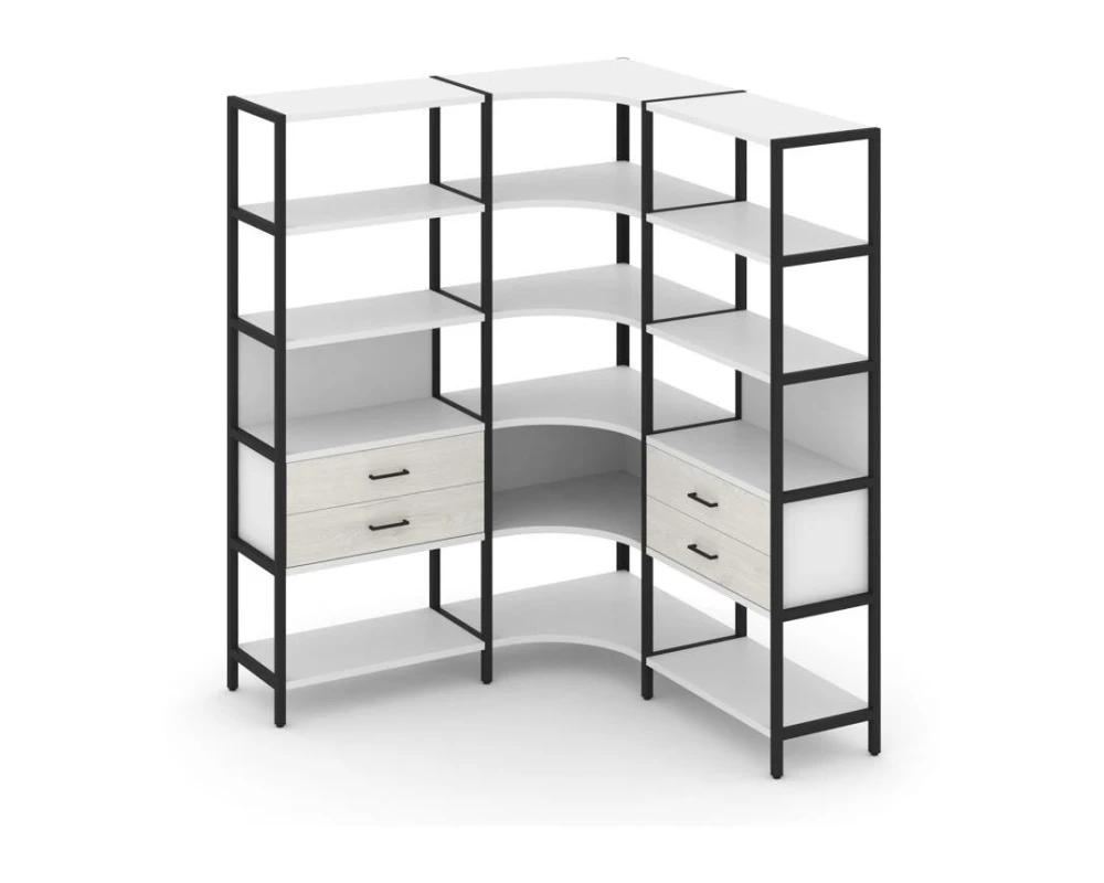 Трехсекционный угловой стеллаж пятиярусный с ящиками 1590х1590х1980 Шелф Систем / Shelf System