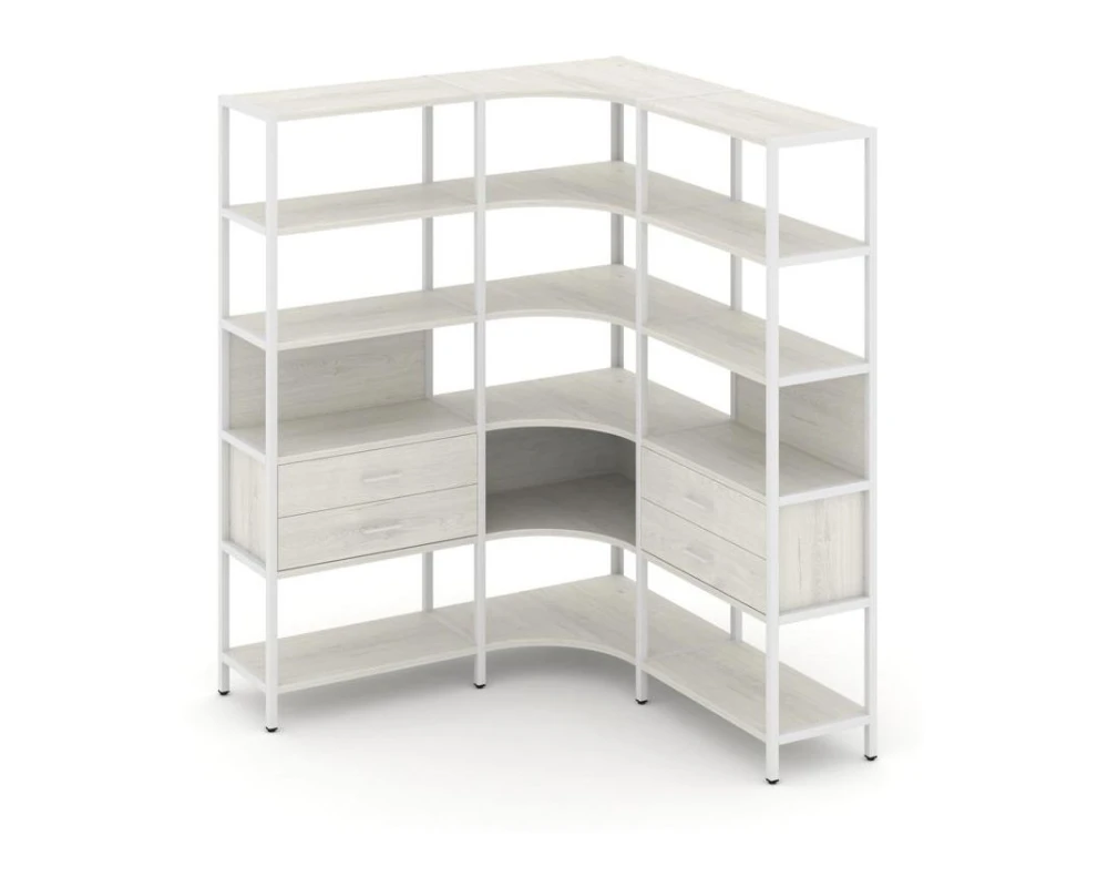 Трехсекционный угловой стеллаж пятиярусный с ящиками 1590х1590х1980 Шелф Систем / Shelf System