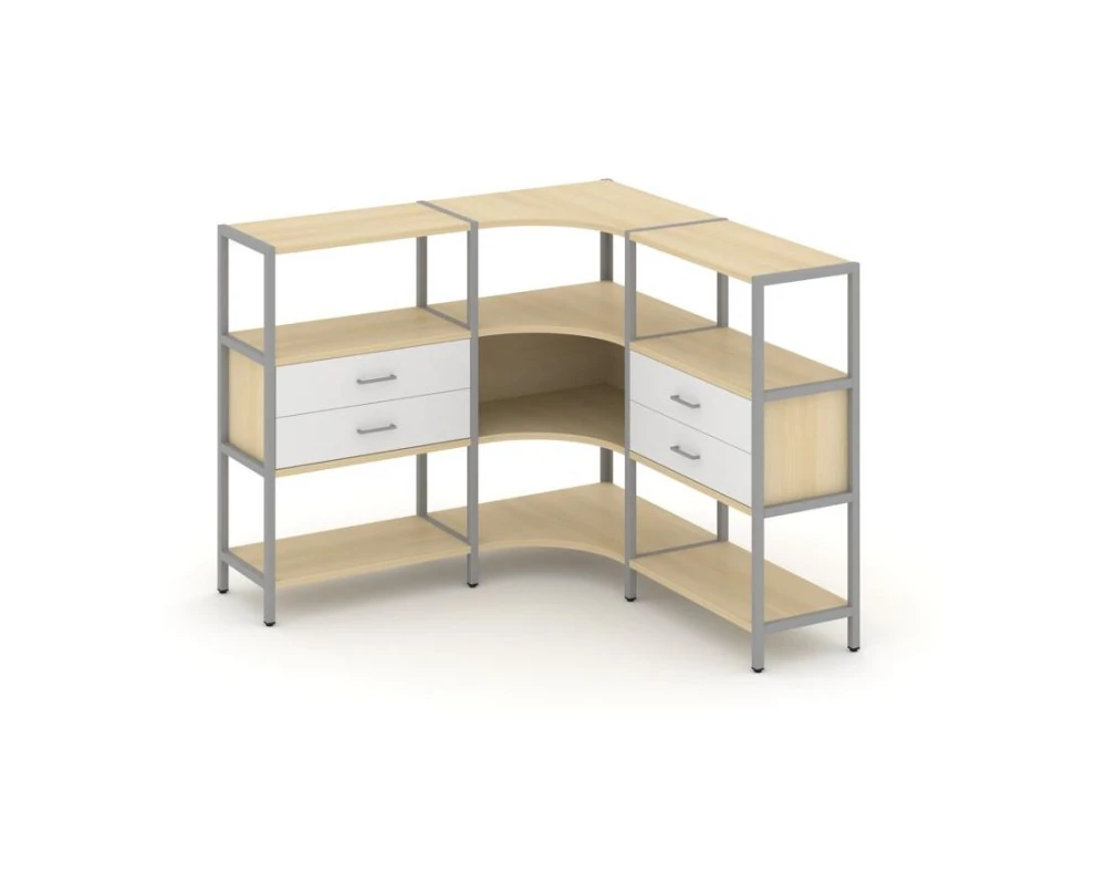 Трехсекционный угловой стеллаж трехярусный с ящиками 1590х1590х1246 Шелф Систем / Shelf System