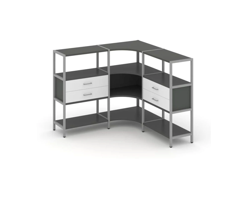 Трехсекционный угловой стеллаж трехярусный с ящиками 1590х1590х1246 Шелф Систем / Shelf System