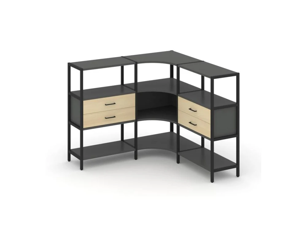 Трехсекционный угловой стеллаж трехярусный с ящиками 1590х1590х1246 Шелф Систем / Shelf System